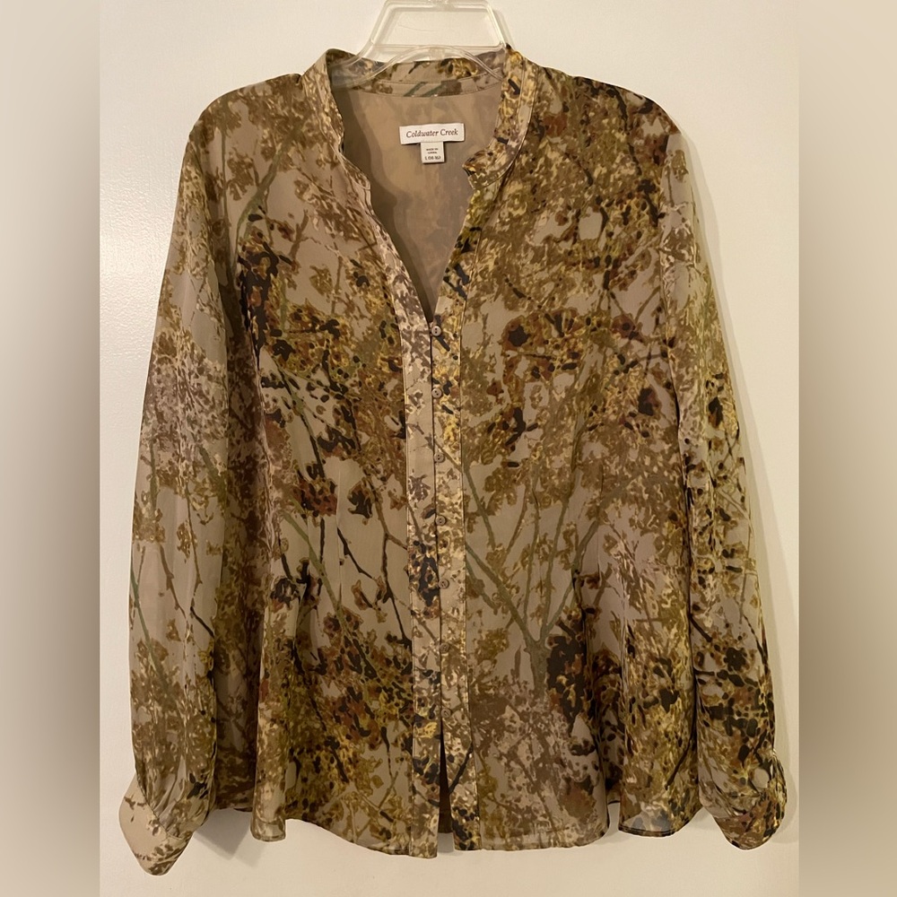 COLDWATER CREEK
BEIGE/BROWN FLORAL
DESIGN CHIFFON BLOUSE SZ L